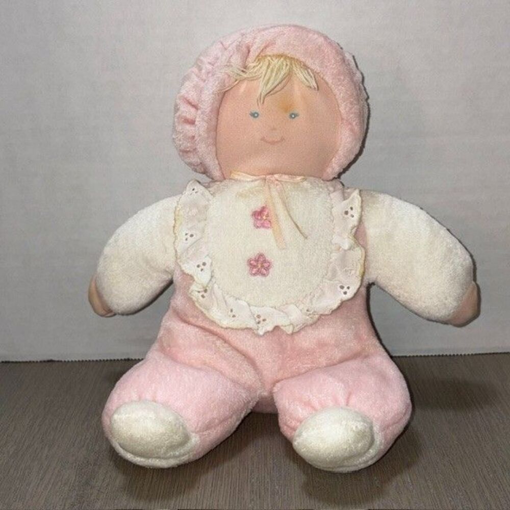 Vintage Eden Girl Baby Doll Plush Pink Velour Terry Cloth Blonde Hair Blue Eyes